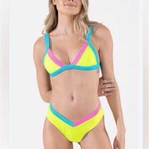 ONEONE Kameron Neon Colorblock Triangle Bikini Top - Yellow Pink Aqua
